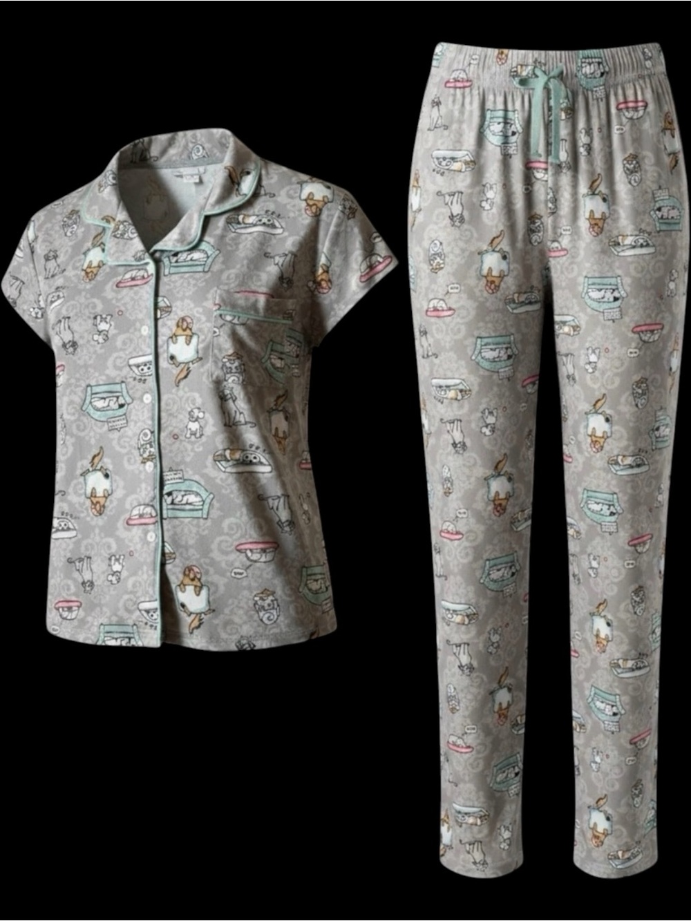 SUKO Repose 2 Piece Pajama Set Short Sleeve Top, Pants Bottoms, Dog Motif